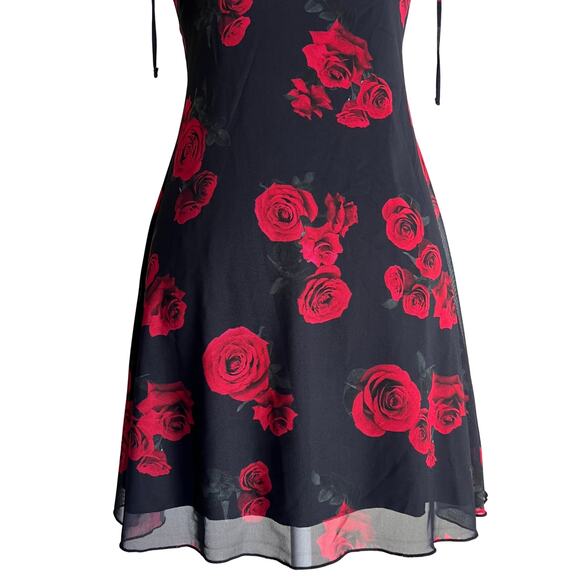 Bershka Rose Print Strappy Mini Dress Black Red Floral Y2K Romantic Going Out - Picture 6 of 10